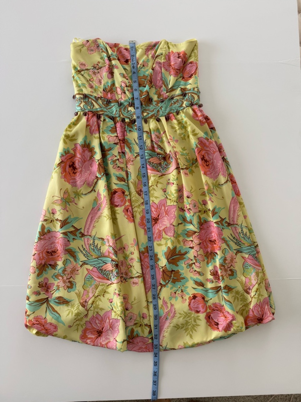 Plenty Strapless Silk Dress Floral Bird Print Yellow Pink Womens 4 Mini - Picture 13 of 14
